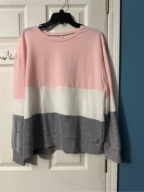 Exclusive Pink & White Colorblock Crewneck Sweater with Silver Hem